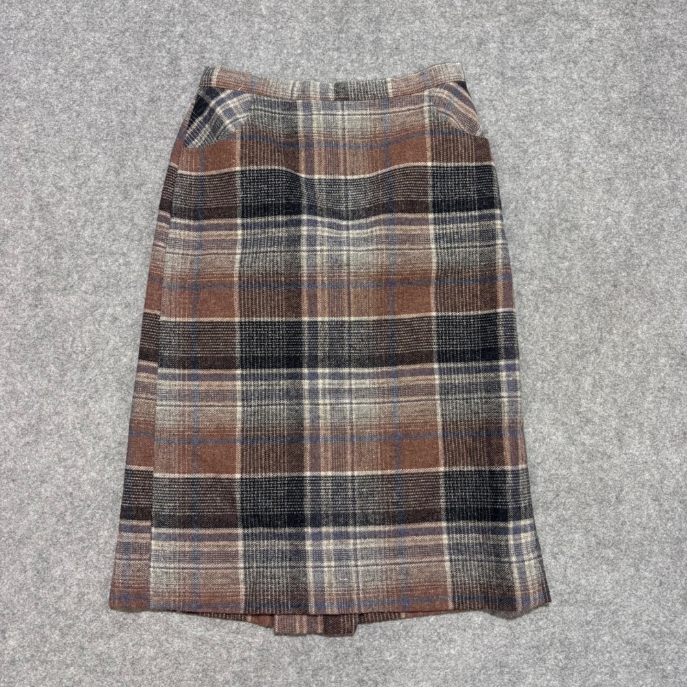 Hunter Sportswear Vintage Plaid Midi Skirt Brown Grey Wool Blend A-Line Pocket